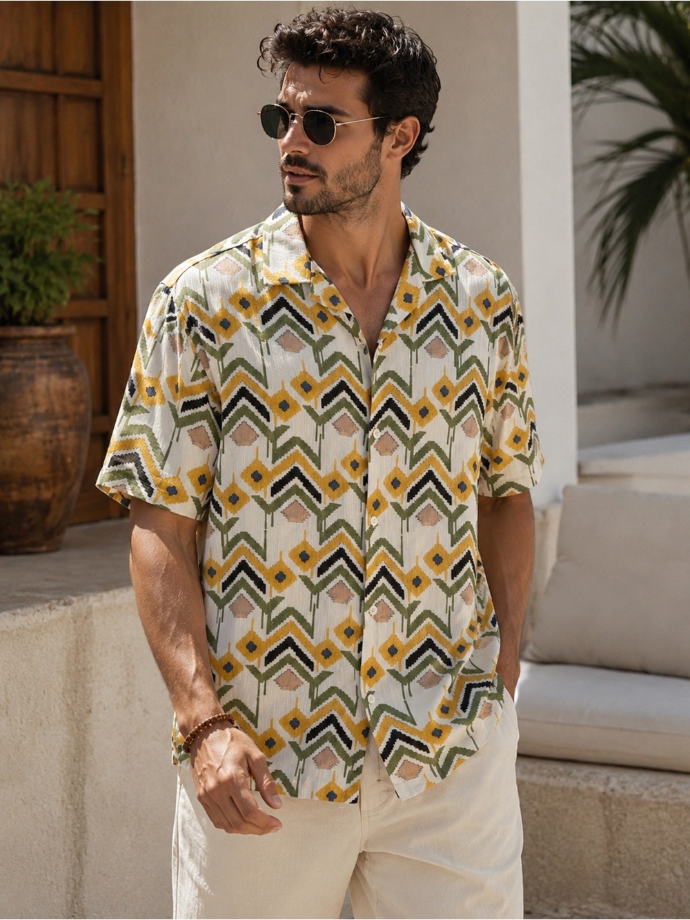 Pull & Bear Men’s Geometric Print Camp Collar Button Up Resort Vacation Shirt M